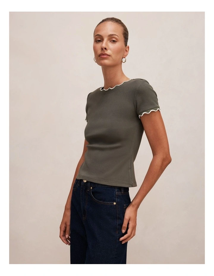 Rebecca Scallop Trim T-shirt in Thyme and Porcelain image 3