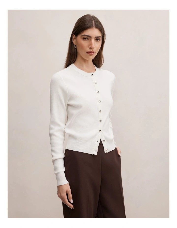 Rylee Crew Neck Cardigan in White image 3