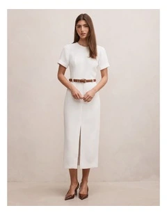 Bailee Belted Tailored Midi Dress in White