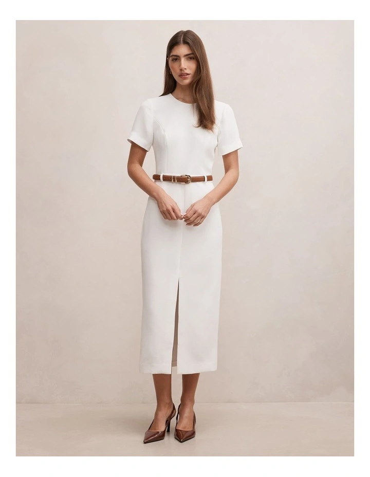 Bailee Belted Tailored Midi Dress in White image 1