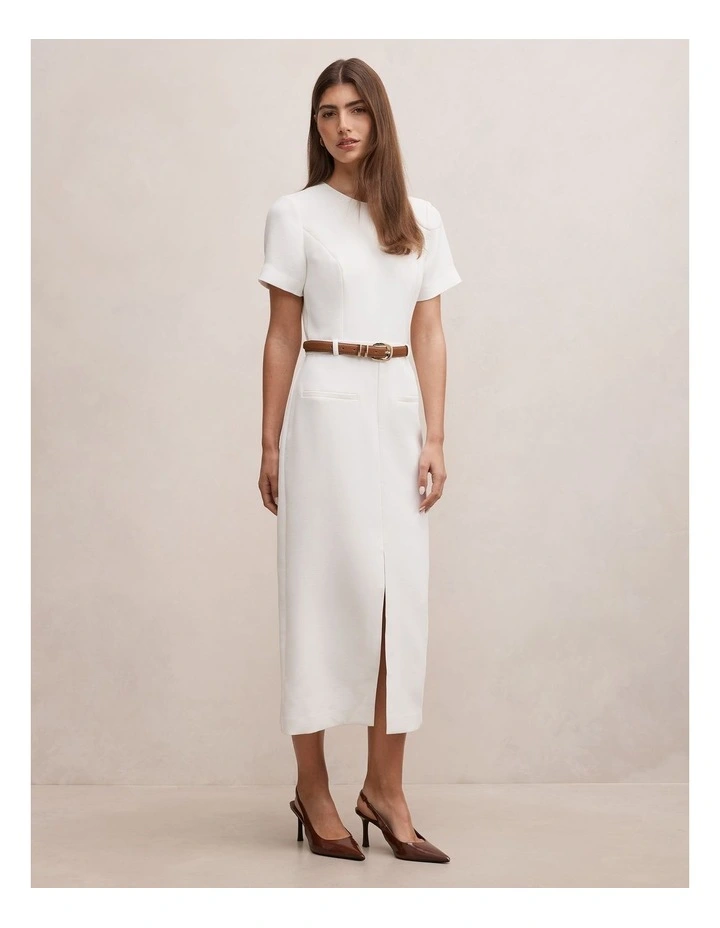 Bailee Belted Tailored Midi Dress in White image 3
