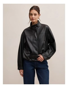 Belle Vegan Leather Belted Bomber Jacket in Black
