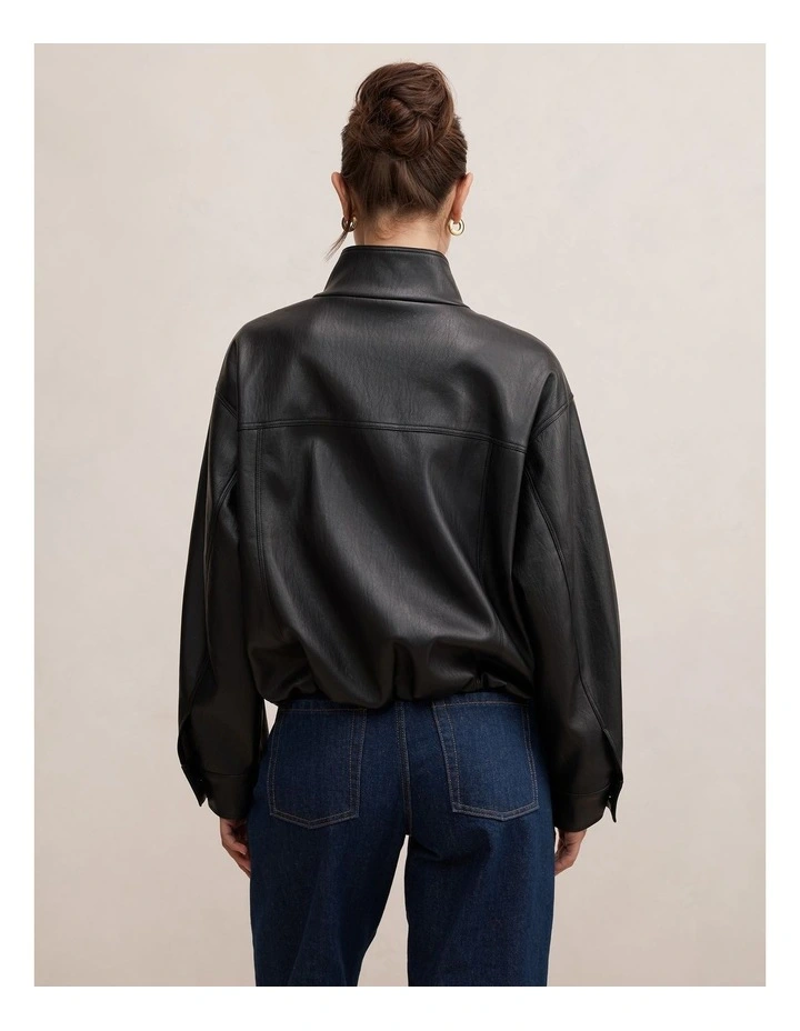 Belle Vegan Leather Belted Bomber Jacket in Black image 2