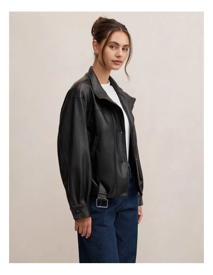 Belle Vegan Leather Belted Bomber Jacket in Black image 3