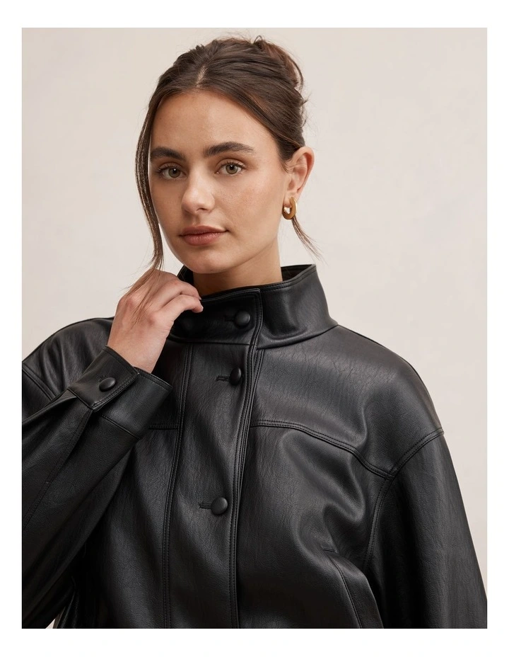 Belle Vegan Leather Belted Bomber Jacket in Black image 4