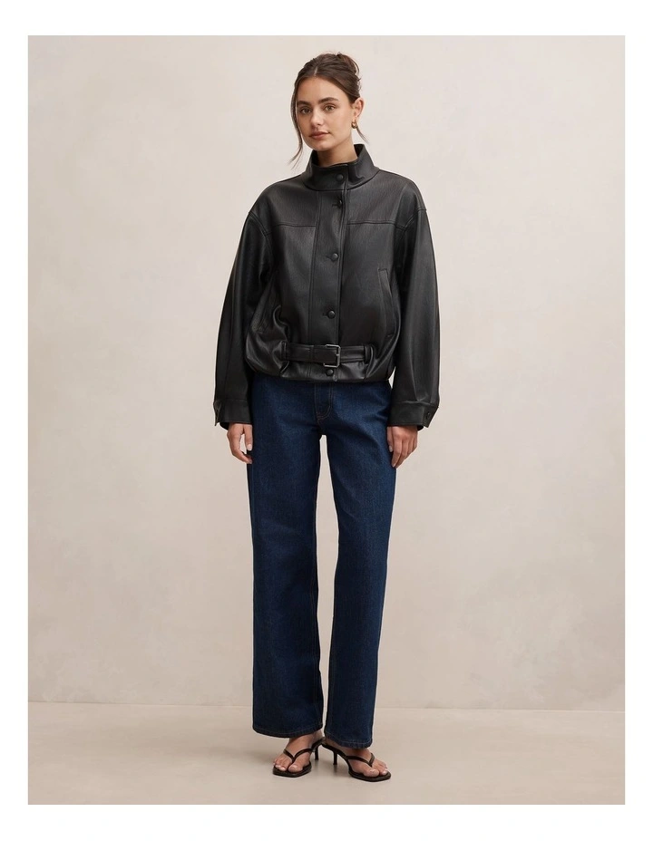 Belle Vegan Leather Belted Bomber Jacket in Black image 5