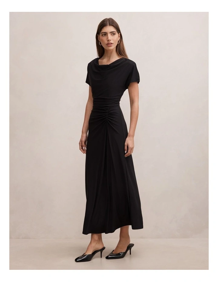 Tahnee Ruched Waist Midi Dress in Black image 3