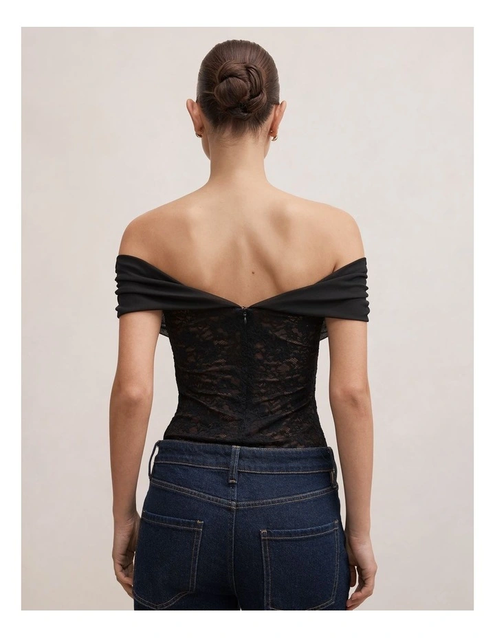 Lily Lace Bardot Neck Top in Black image 2