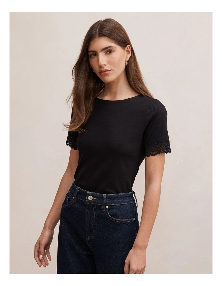 Nina Lace Trim T-shirt in Black image 3