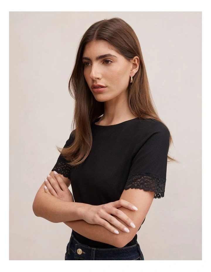 Nina Lace Trim T-shirt in Black image 4