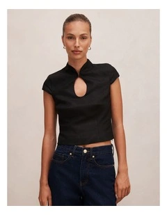Ayla Keyhole Linen Top in Black