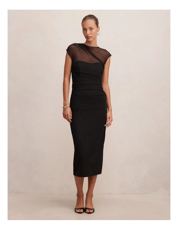 Eadie Sheer Cap Sleeves Midi Dress in Black image 1