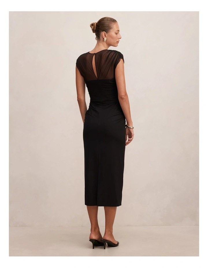 Eadie Sheer Cap Sleeves Midi Dress in Black image 2