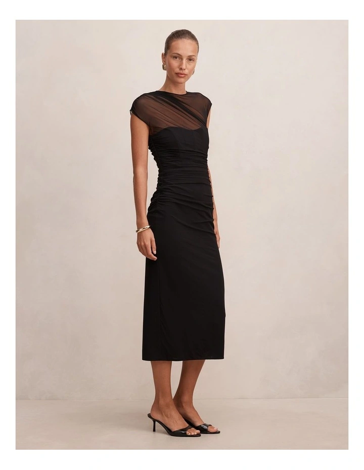 Eadie Sheer Cap Sleeves Midi Dress in Black image 3