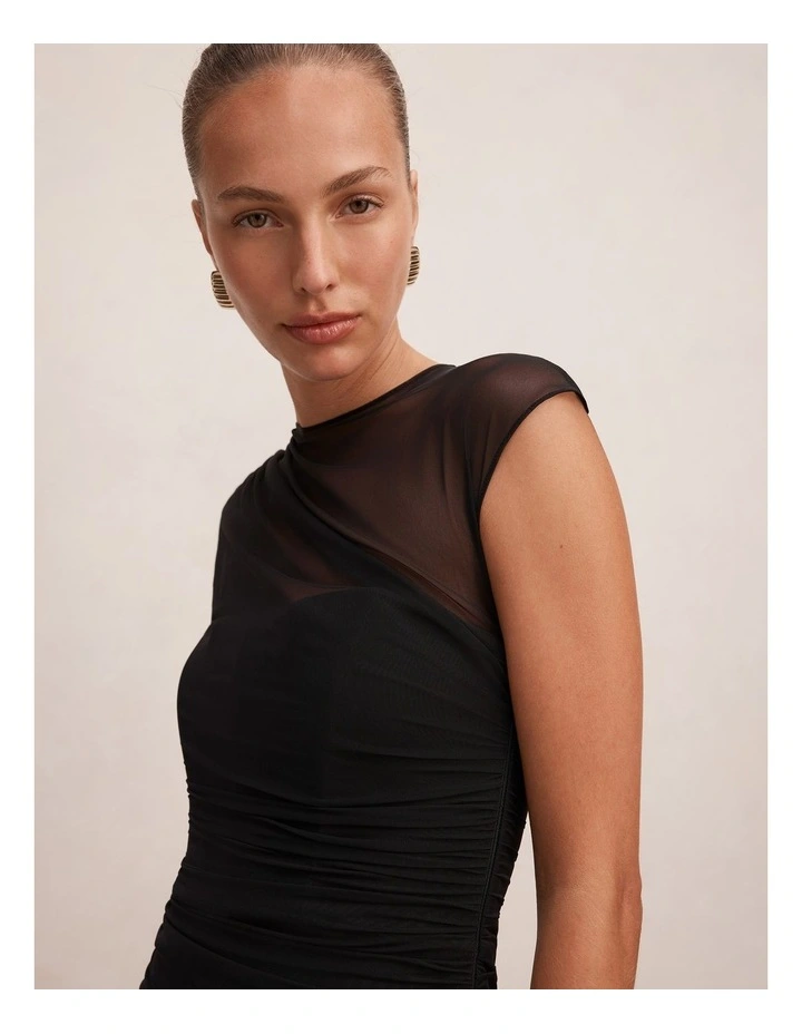 Eadie Sheer Cap Sleeves Midi Dress in Black image 4