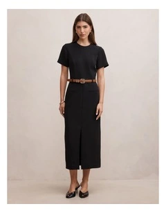 Bailee Belted Tailored Midi Dress in Black