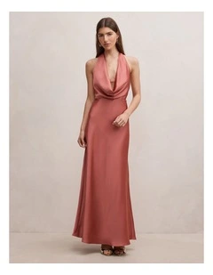 Becca Cowl Halter Neck Satin Gown in Pink