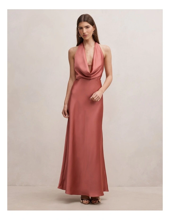 Becca Cowl Halter Neck Satin Gown in Pink image 1