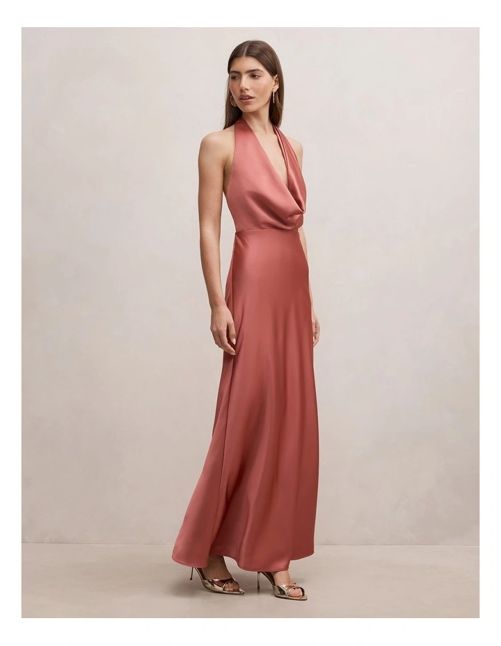 Becca Cowl Halter Neck Satin Gown in Pink image 3
