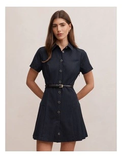 Gigi Pleated Button Down Mini Dress in Blue