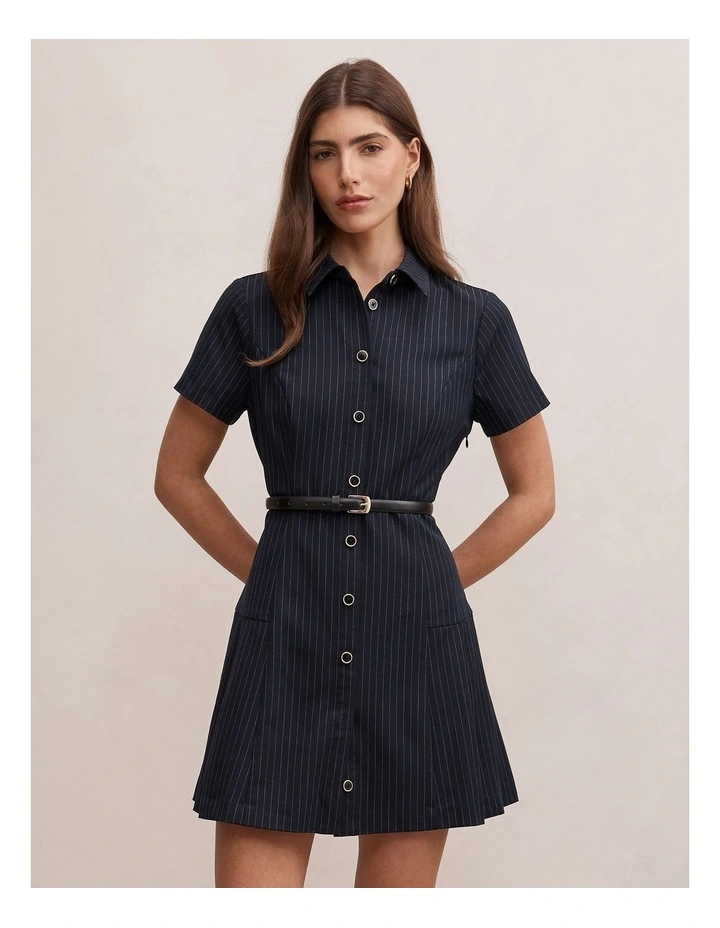 Gigi Pleated Button Down Mini Dress in Blue image 1