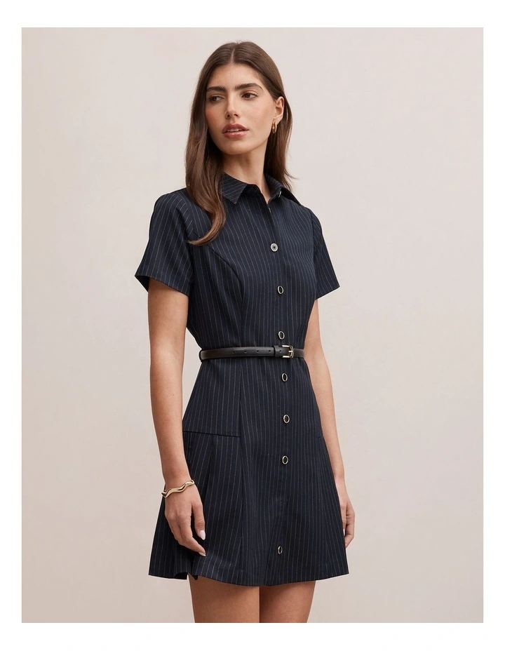 Gigi Pleated Button Down Mini Dress in Blue image 3