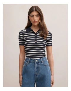 Sasha Striped Knitted Polo T-shirt in Navy
