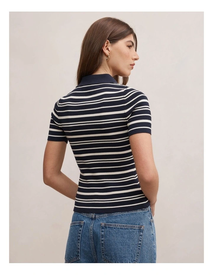 Sasha Striped Knitted Polo T-shirt in Navy image 2