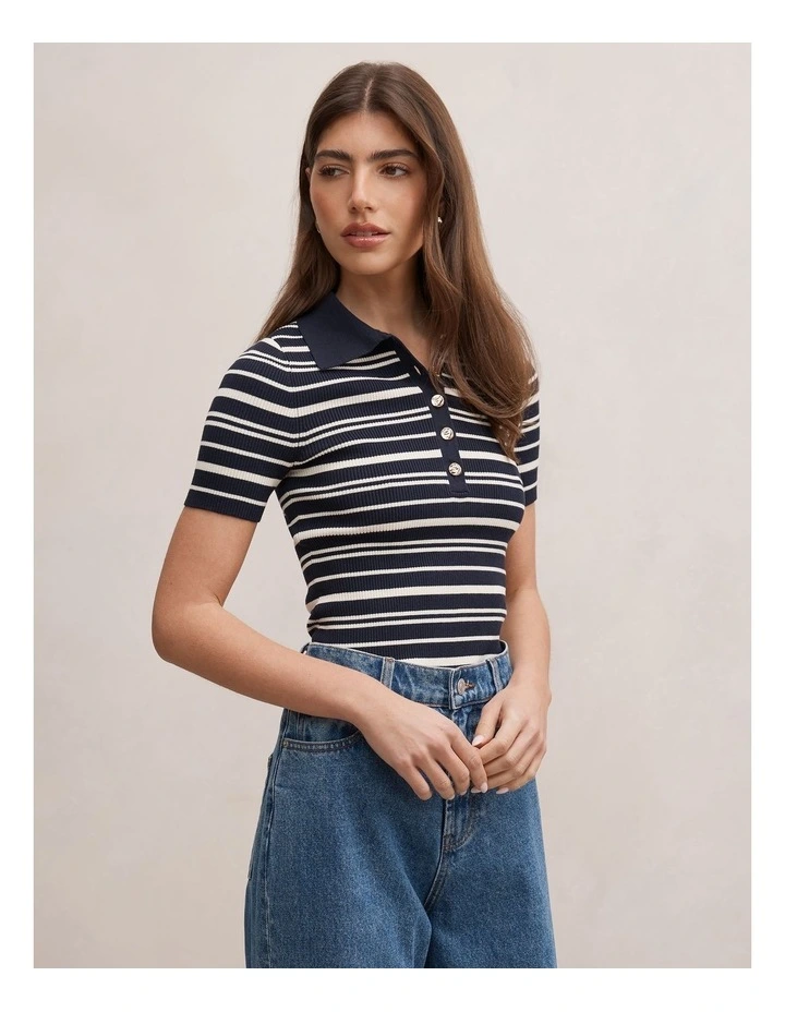 Sasha Striped Knitted Polo T-shirt in Navy image 3