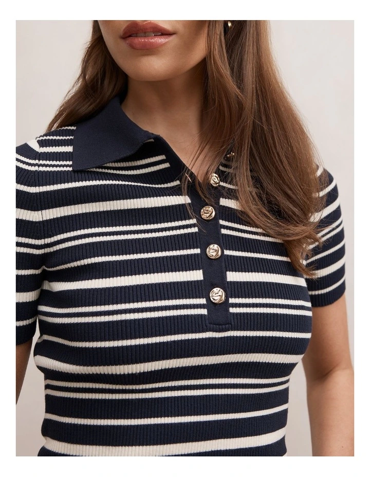 Sasha Striped Knitted Polo T-shirt in Navy image 4