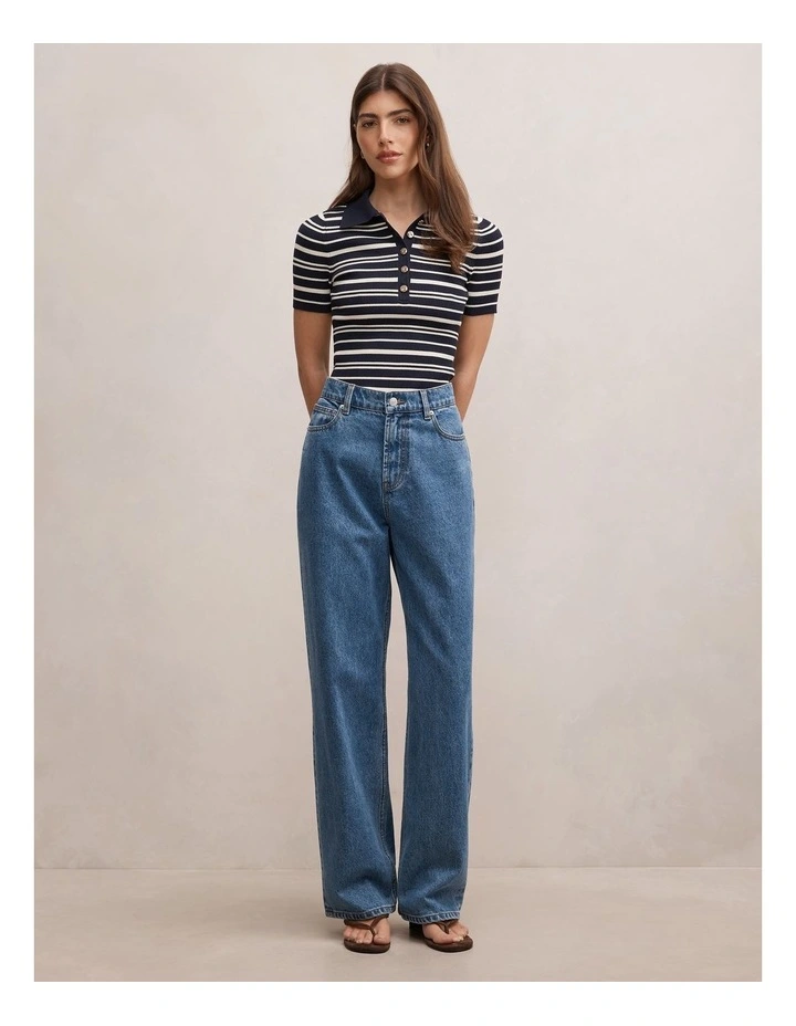 Sasha Striped Knitted Polo T-shirt in Navy image 5