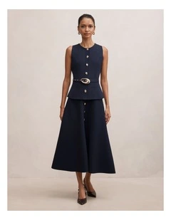 Amelia Layered A-Line Midi Dress in Navy
