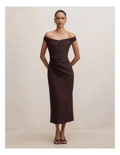 Zaria Off Shoulder Draped Midi Dress in Brown