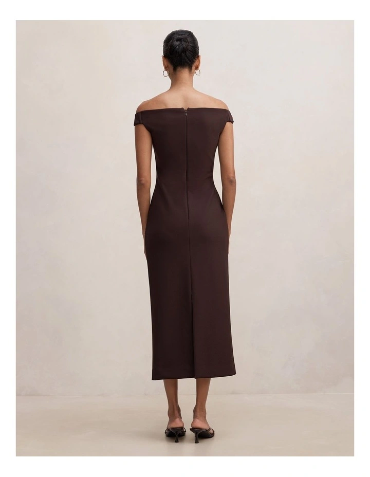 Zaria Off Shoulder Draped Midi Dress in Brown image 2