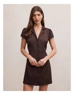 Blair Satin Collared Mini Dress in Brown