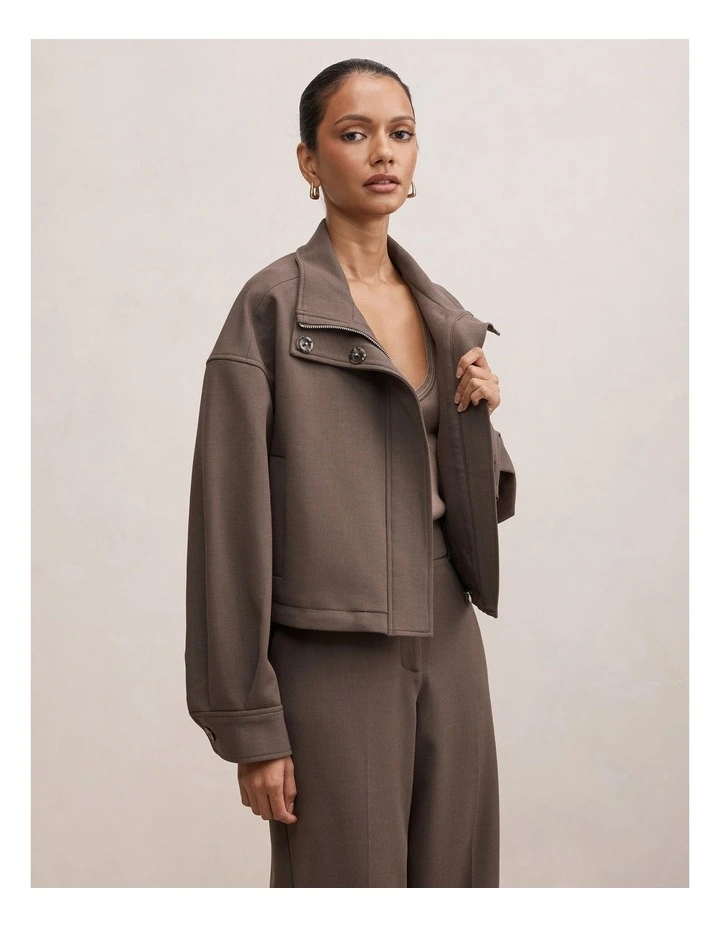 Maya Funnel Neck Cropped Jacket in Dark Mushroom image 3