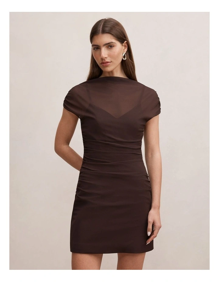 Vivianna Mesh Overlay Mini Dress in Brown image 1