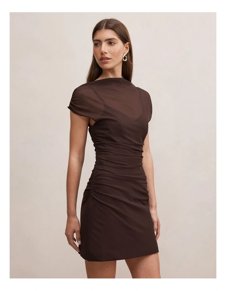 Vivianna Mesh Overlay Mini Dress in Brown image 3