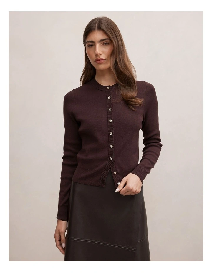 Rylee Crew Neck Cardigan in Chocolate image 1