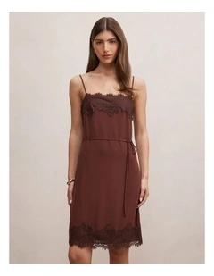 Wisteria Lace Detail Midi Dress in Brown