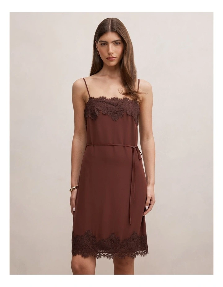 Wisteria Lace Detail Midi Dress in Brown image 1