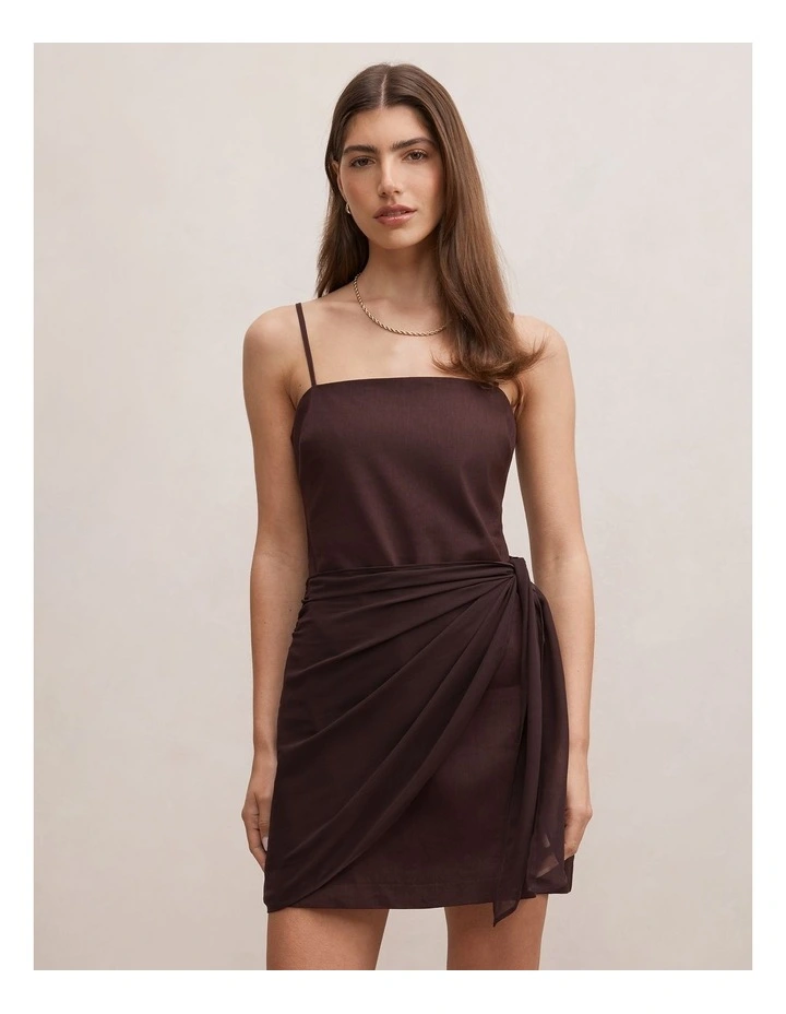 Sienna Linen Sarong Mini Dress in Chocolate image 1