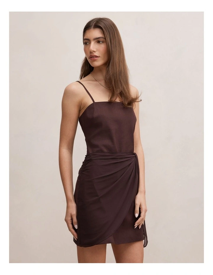 Sienna Linen Sarong Mini Dress in Chocolate image 3