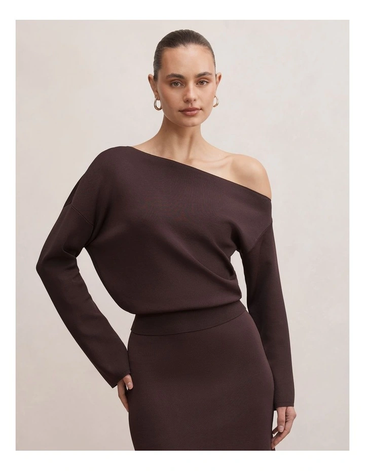 Ayva Asymmetric Knitted Top in Brown image 1