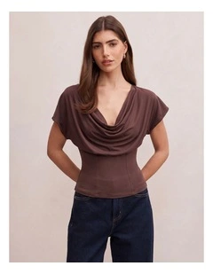 Phoebe Draped Cowl Neck Top in Brown