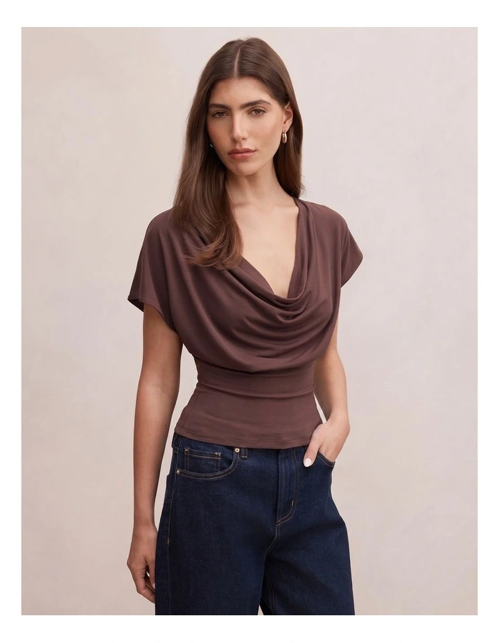 Phoebe Draped Cowl Neck Top in Brown image 3