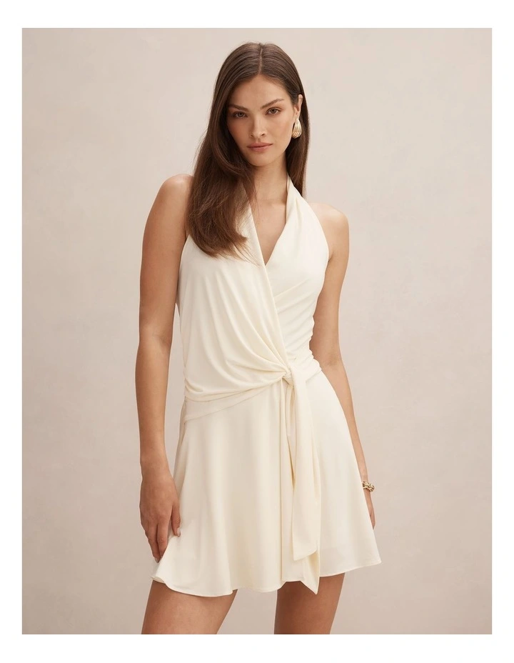 Aaliyah Wrap Halter Neck Mini Dress in Cream image 1