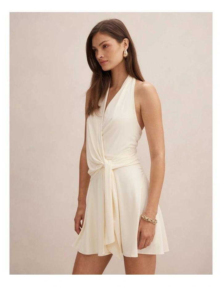 Aaliyah Wrap Halter Neck Mini Dress in Cream image 3