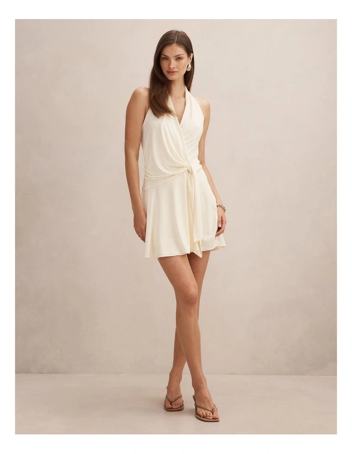 Aaliyah Wrap Halter Neck Mini Dress in Cream image 5