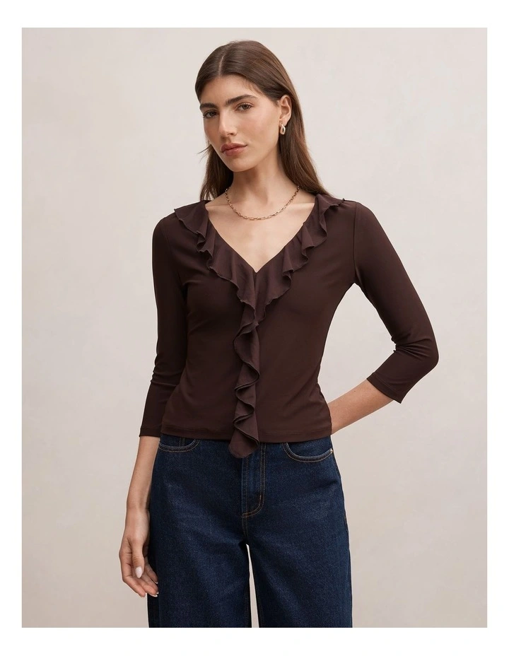 Orla Ruffle 3/4 Sleeves Top in Brown image 1